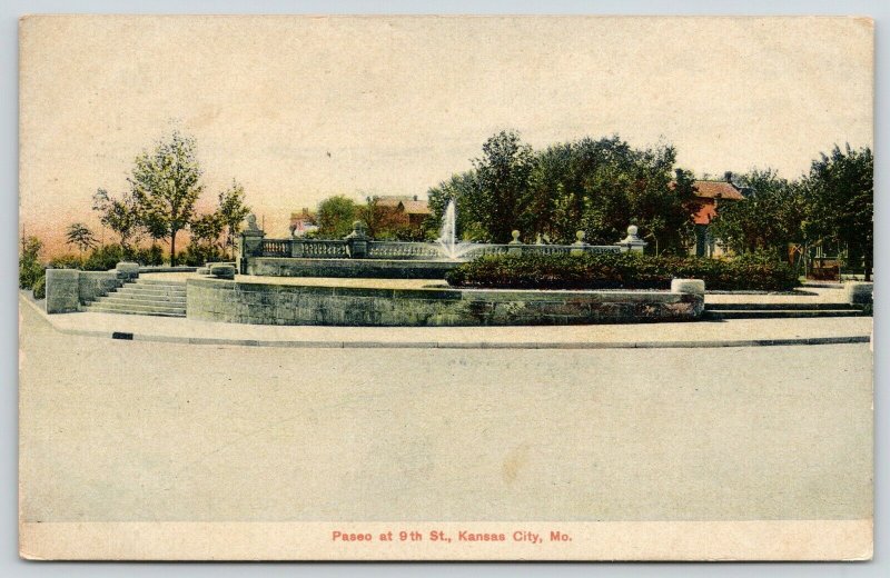 Kansas City Missouri~Paseo @ 9th Street~Fountain Plaza~Stone Steps~1907 Postcard