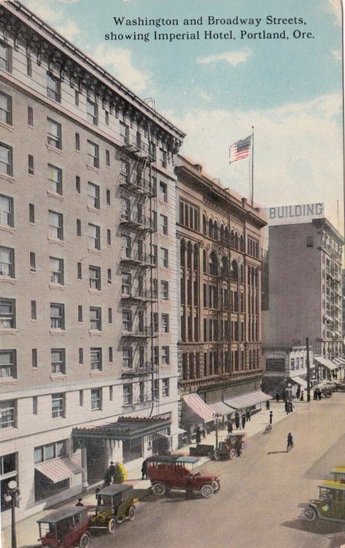 Oregon Portland Washington & Broadway Street Showing Imperial Hotel Curteich 412