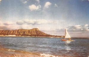 Sailboat, Diamond Head at Waikiki, Hawaii ca 1950s Vintage Kodachrome Postcard