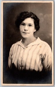 c1910 RPPC Real Photo Postcard Young Woman With Glasses Striped Shirt