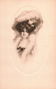 VINTAGE POSTCARD ART ENGRAVE WOMAN PERIOD DRESS AND EXTRAVAGANT HAT (1907-1915)