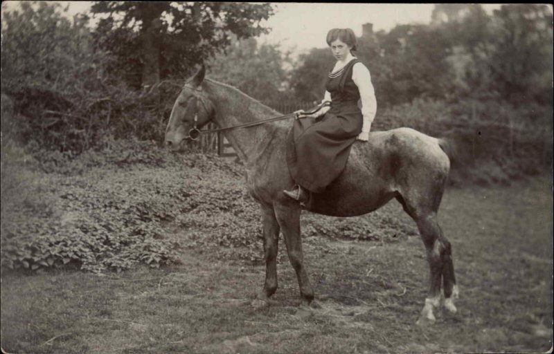 Pretty Young Woman on Horse Horseback Riding Real Photo c1910 Postcard