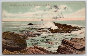 Portland ME Looking Out To Sea At Cape Cottage Maine Postcard Y23