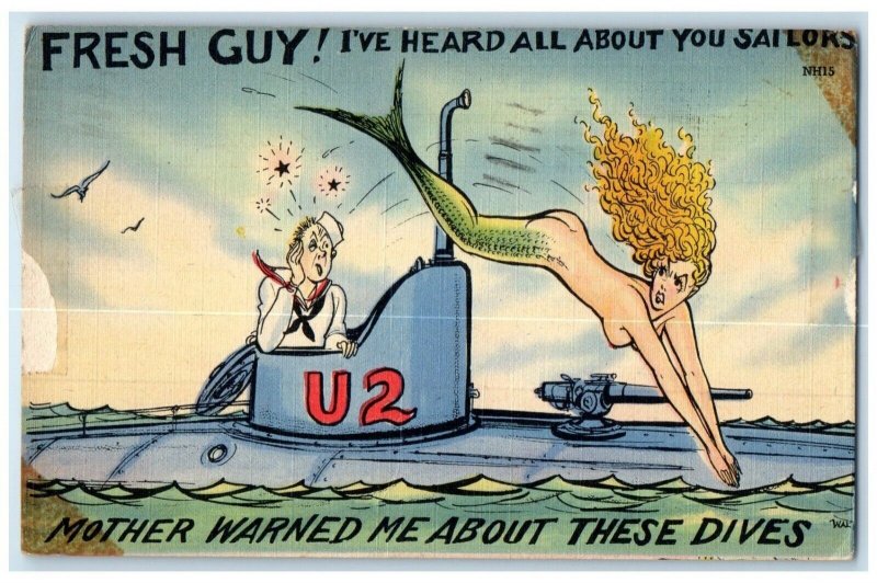 1943 Sailor Fresh Guy Mermaid Soldier Mail Portsmouth Viginia VA Posted Postcard