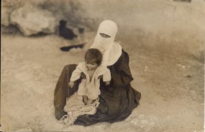 RPPC Middle East, Beautiful Arab Woman w Burqa, Hijab, Child 1910-40's