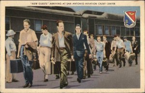 WWII Era RR Train Arrives at San Antonio Cadet Center Linen postcard