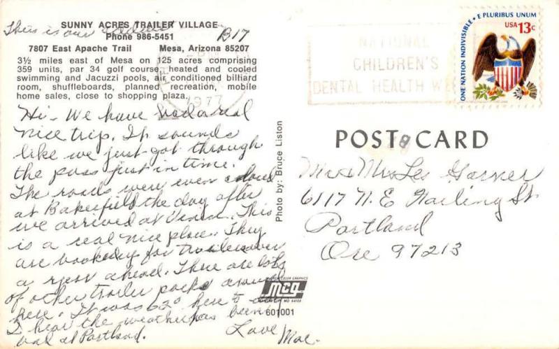 Mesa Arizona Sunny Acres Trailer Village Aerial View Vintage Postcard K22787