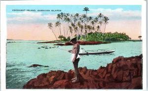 COCOANUT ISLAND, HI  Hawaii   View ISLAND, OUTRIGGER, Fisherman 1938  Postcard