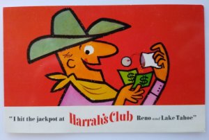 Harrahs Club Casino Postcard Cowboy Cash Western Reno Lake Tahoe Nevada Chrome