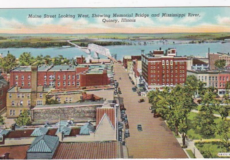 Illinois Quincy Maine Street Looking West Showing Memorial Bridge & Mississip...