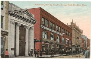 Brockton MA Street Vue Peoples Savings Bank Standard Supply Store Front Postcard