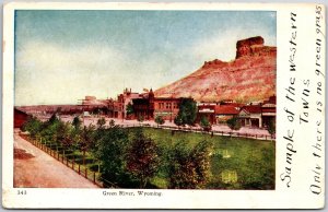 Green River WY-Wyoming, Town Signs Street Castle Rock In The Distance, Postcard