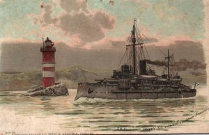 SMS Hagen Ironclad German Imperial Navy  near Lighthouse - c1910s Postcard