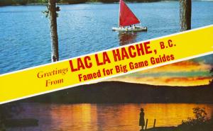 Greetings from Lac La Hache BC Red Sailboat Sunset Unused Vintage Postcard D32