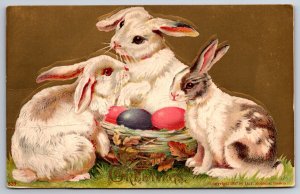 Easter~3 Cute Bunnies Guard Basket Of Colored Eggs~Gold Sky~Emb~HI Robbins~1909