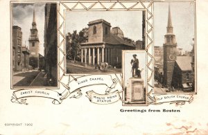 Vintage Postcard Greetings From Boston Churches Building Statue Massachusetts MA