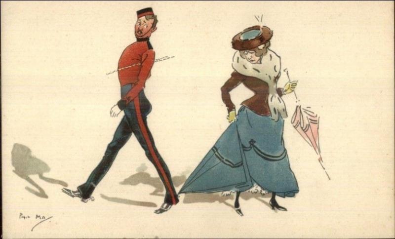 Phil May Soldier Embarrassed Steps Woman's Dress Military Humor TUCK Postcard