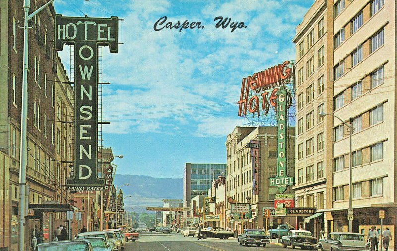 Casper WY Center Street Hotel Townsend & Gladstone Hotel Storefronts Postcard