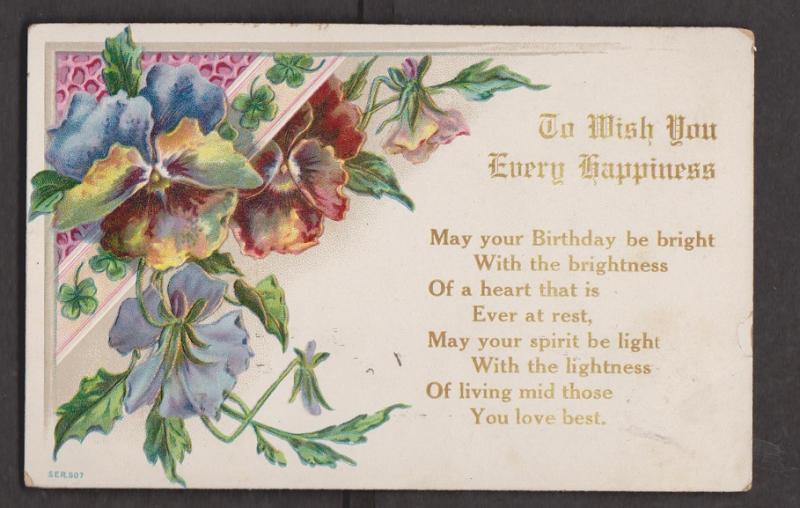 Birthday Greetings Embossed Flowers - Used 1909 - Slight Wear