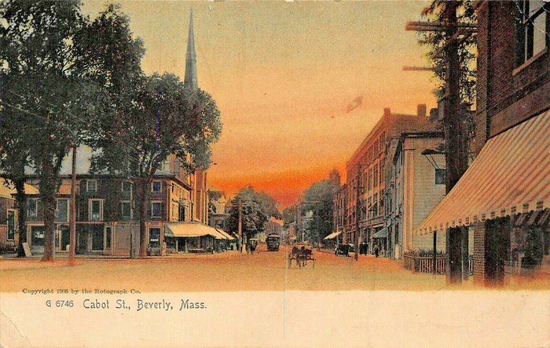 BEVERLY MA~CABOT STREET-STOREFRONTS~1900s ROTOGRAPH SUNSET TINTED PHOTO POSTCARD