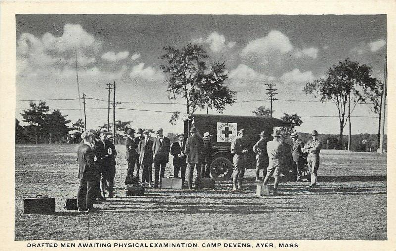 Camp Devens~Drafted Men Await Physical Exam~Line at Army Red Cross Truck~1917 