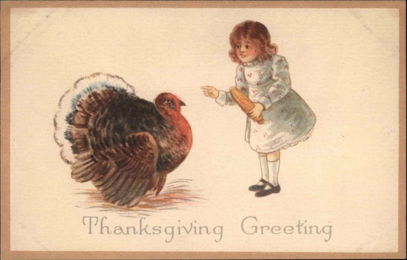 Thanksgiving Little Girl Feeds Turkey Corn Cob Vintage Postcard