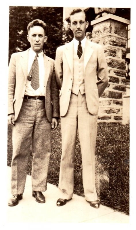 RPPC Two Men Posing In Front Of Pillar Aug 21 1934 Black And White Postcard