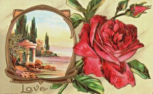 c.1910 Love Valentines Floral Rose Lake Scene Vintage Postcard