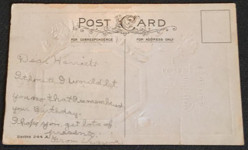 Postcard Unused but addressed “Best Birthday Wishes” Small beads on front LB