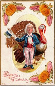 Thanksgiving Postcard Patriotic Uncle Sam Dressed Person with Large Turkey