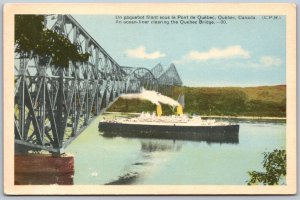 Postcard c1940s An Ocean Liner Clearing The Quebec Bridge St. Lawrence River