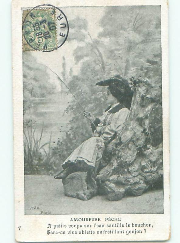 foreign Old Postcard EUROPEAN WOMAN WITH FISHING ROD IN PARIS FRANCE AC2519