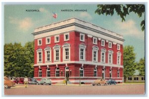 c1940's Harrison Arkansas AK Post Office Building Classic Cars US Flag Postcard