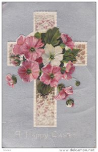 A Happy Easter,  Cross with flowers, Silver background, 00-10s