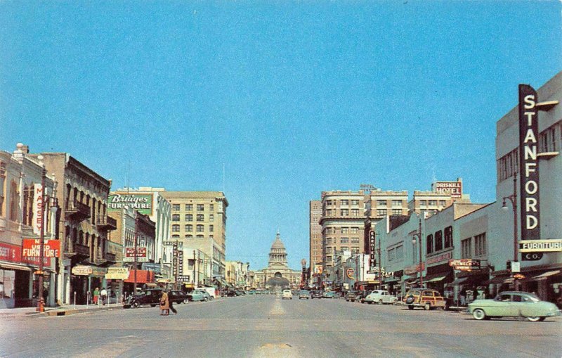 AUSTIN, TX Broad Congress Avenue Street Scene c1950s Vintage Postcard