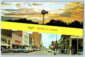 Amarillo Texas TX Postcard Greetings Multiview Sunset Windmill Pol Street 1960