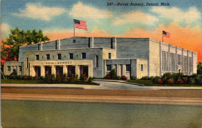 Vintage Postcard Naval Reserve armory Belle Isle Bridge Detroit Michigan 202