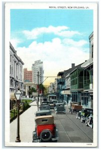 c1920 Royal Street Streetcar Classic Cars New Orleans Louisiana Vintage Postcard