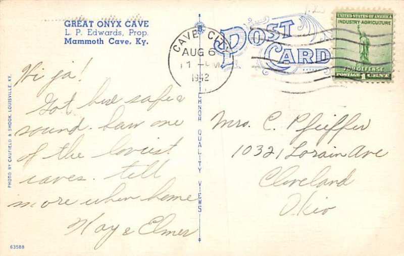 Drapery Dome Great Onyx Cave, Kentucky, USA 1942 