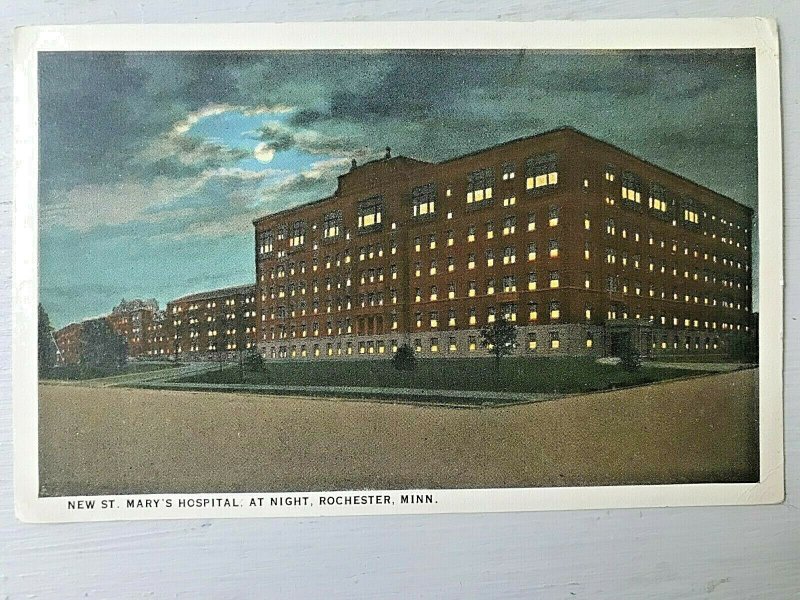 Vintage Postcard 1923 New St. Mary's Hospital Night Rochester Minnesota