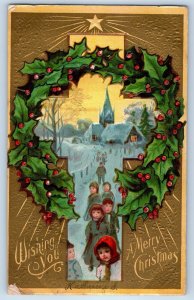 c1910's Christmas Children Walking On Winter Scene Holly Berries Posted Postcard