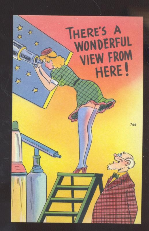 A WONDERFUL VIEW FROM HERE TELESCOPE ASTONOMY UPSKIRT VINTAGE COMIC POSTCARD