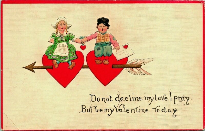 Dutch Children Riding Hearts Arrows Valentines Embossed 1913 Vtg Postcard