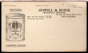 Howell & Bursk Wholesale Groceries, Philadelphia PA On WM McKinley Postal Card 