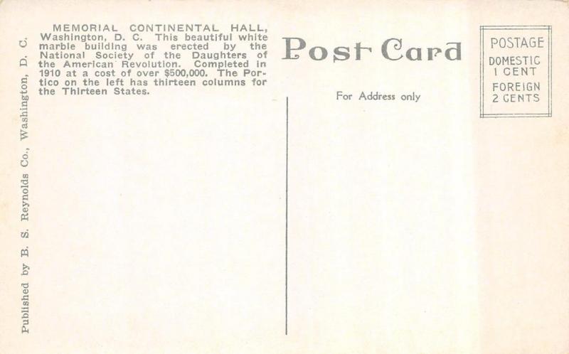 Washington, D.C.    MEMORIAL CONTINENTAL HALL   Automobile  c1910's Postcard