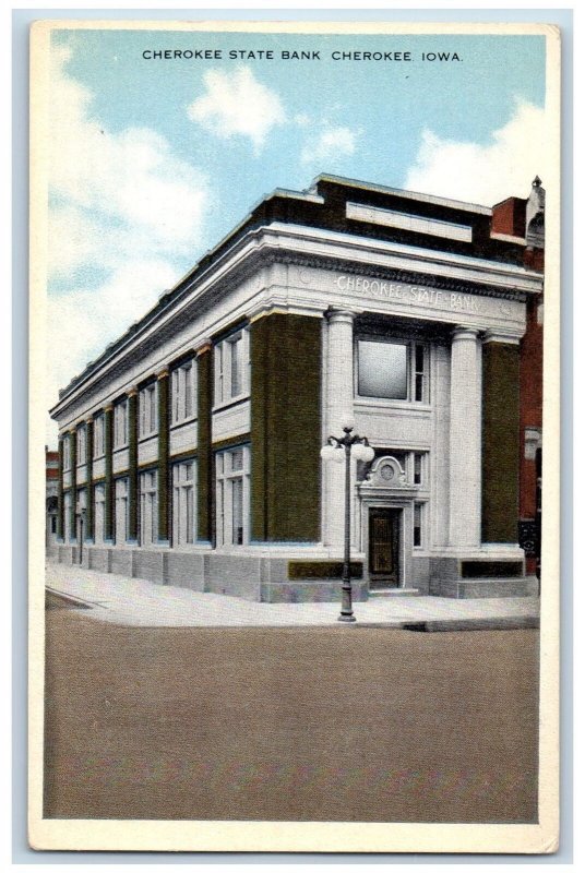 Cherokee Iowa IA Postcard Cherokee State Bank Exterior Roadside c1920s Antique