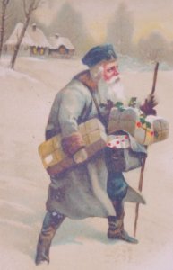 Santa Claus Blue Gray Robe Mailman Antique Vintage Christmas New Year Postcard