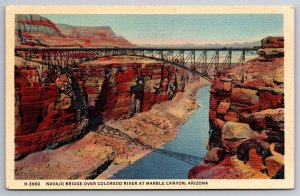 Navajo Bridge Over Colorado River Marble Canyon AZ Fred Harvey Linen Postcard L9