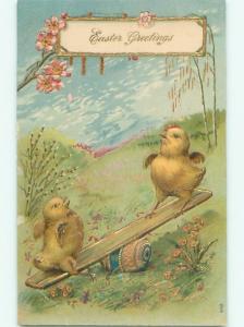 Pre-Linen Easter CUTE CHICKS STANDING ON TEETER TOTTER AB3820