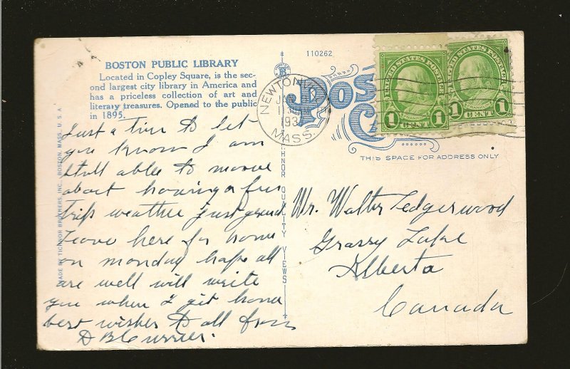 USA Postmark 1937 Newtonville Mass Boston Public Library Linen Postcard